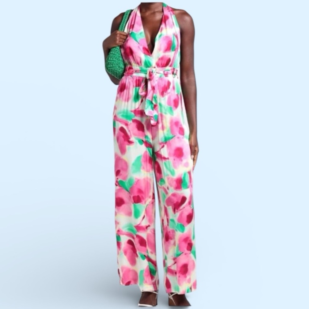 VICOLO Women’s M Pink Colorful Floral Satin Cocktail Halter Jumpsuit